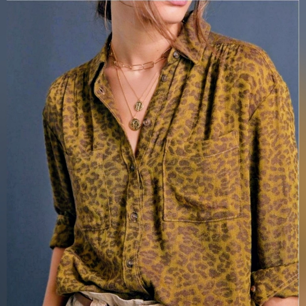 Pilcro mustard and Brown Leopard-Print Button-Up Shirt